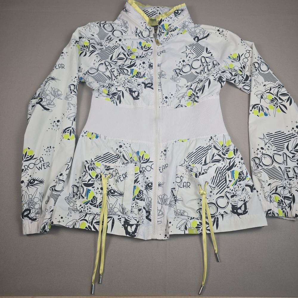 Rocawear Y2K Graphic Print Utility Jacket Womens XL White Neon Zip Track Coat